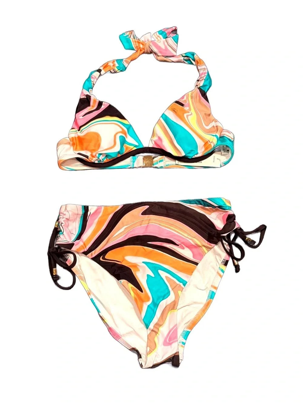 Trina Turk Bikini Set Multi Abstract Halter Swim Top 4 Bottom 6 NWT